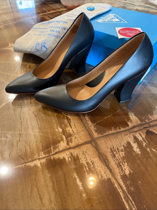 John Fluevog Shoes - John Fluevog Black Pointed Leather Pumps with Curved Block Heels